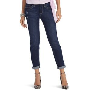 WHBM Girlfriend Dark Wash Distressed Jeans Midrise Embroidered Pockets sz 0